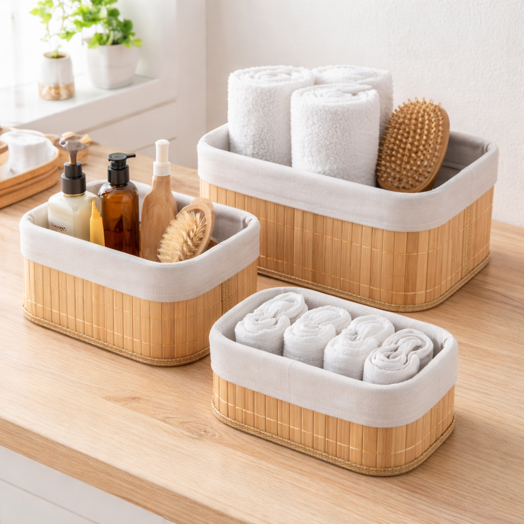 Kit organizador multiuso de bambu com forro de tecido